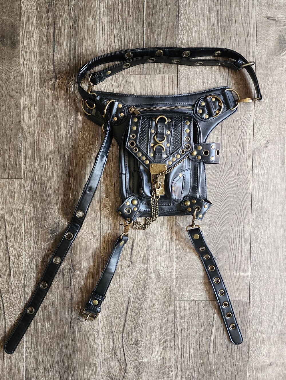 Black Gothic/Punk Studded Faux Leather Utility Hip Bag with Gold Hardware